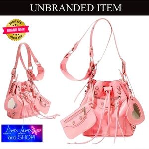 Pink Rivet Pleather Bucket Bag w/Shoulder Strap, Pouch, & ❤️ Shaped Mirror, NWOT